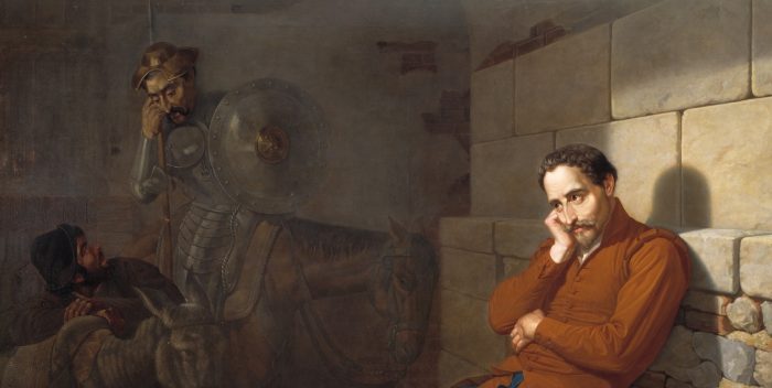 "Miguel de Cervantes imaginando El Quijote", pintura de Mariano de la Roca y Delgado, 1858. Obra de dominio público.