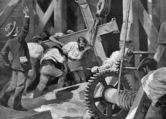 "La Cruz del Trabajo". Dibujo de Vicente Cutanda, 1897. Obra de dominio público.