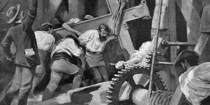 "La Cruz del Trabajo". Dibujo de Vicente Cutanda, 1897. Obra de dominio público.